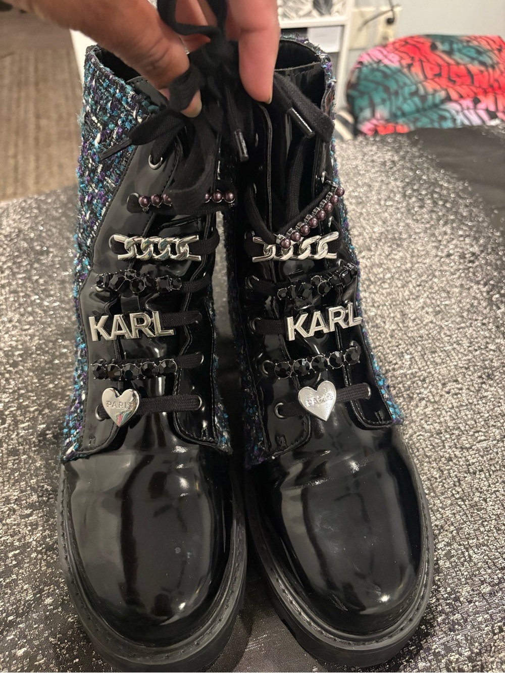 Karl Lagerfeld Blue Multi Tweed Lug Sole Boots